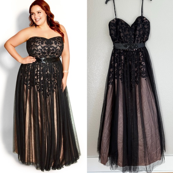 City Chic Dresses & Skirts - City Chic Black & Nude Lace Maxi Dress with Embellished Belt